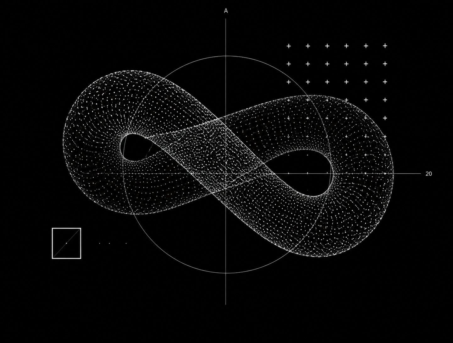 Visual abstrato de uma superfície matemática pontilhada sobre fundo preto